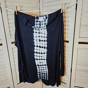 Sunday, Plus Size 2X, Blue Tunic with White/Blue Tie Dye Stripe, Long Sleeves
